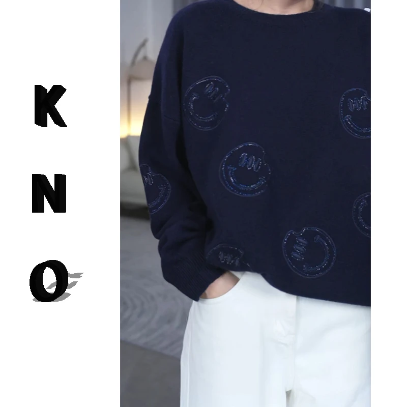【KNO】秋冬新款钻石笑脸圆领套头针织衫
