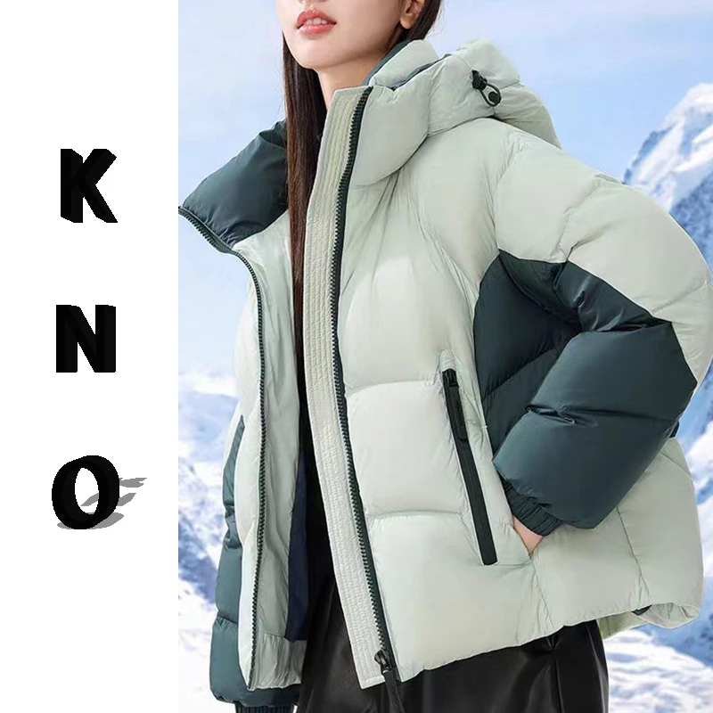 【KNO】冬季新款女士短款拼色羽绒服时尚户外连帽保暖