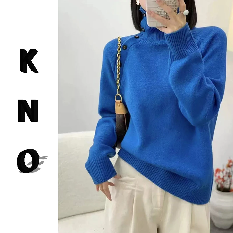 【KNO】冬季新款四色斜肩扣子高领针织套头