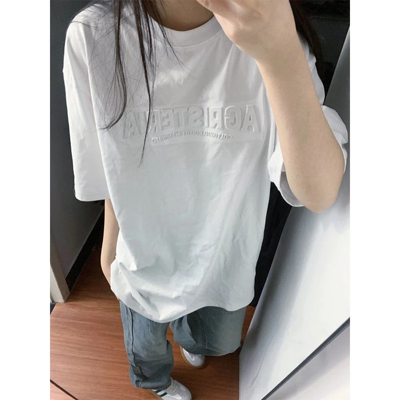 美式vintage设计感立体字母印花纯棉短袖t恤女百搭宽松情侣上衣夏