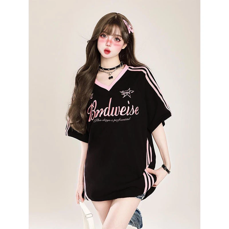 多巴胺穿搭撞色拼接条纹V领短袖t恤女夏季设计感小众宽松半袖上衣