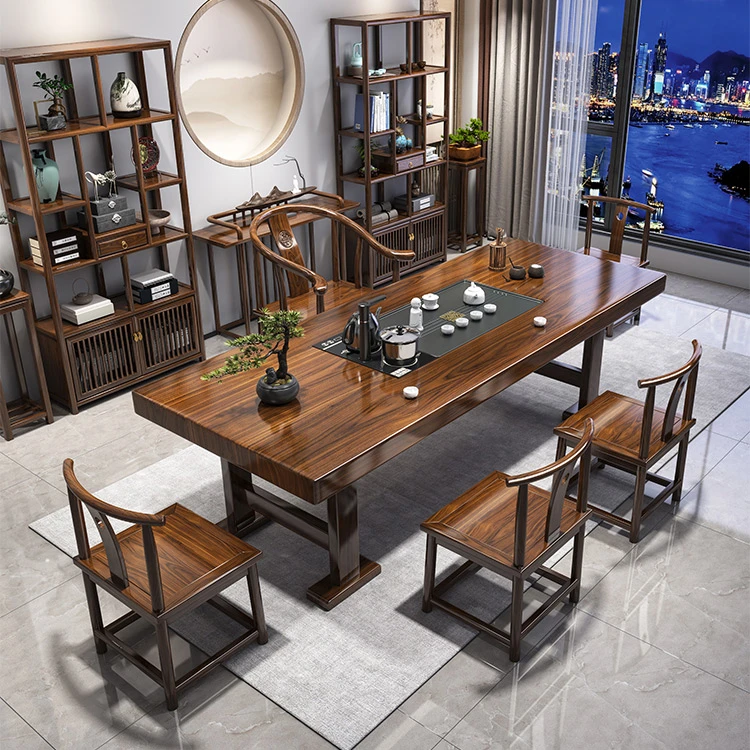 进口橡胶木实木原木大板茶桌新中式功夫泡茶桌椅组合家用办公茶台