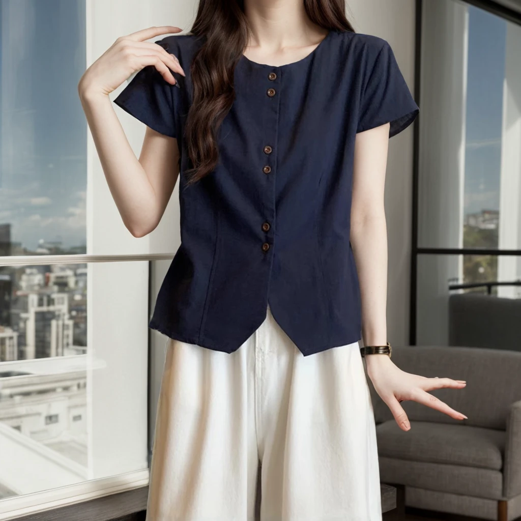 夏季女士大码遮肚子显瘦小衫洋气女正肩短袖高档短袖衬衣女上衣