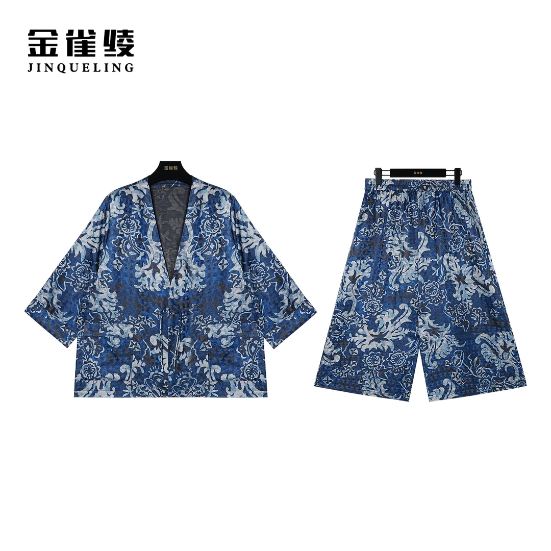 金雀绫【蓝莲花】桑蚕丝新中式印花宽松国潮时尚套装AT6196