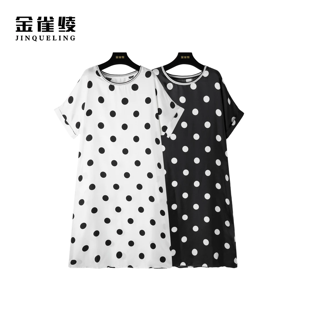 金雀绫【黑白圆舞曲】100桑蚕丝夏季宽松休闲大波点连衣裙B23001