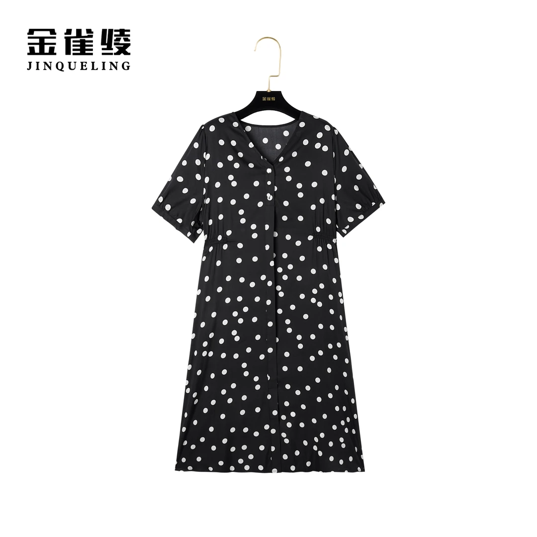 【金雀绫】真丝桑蚕丝连衣裙夏季新款V领波点收腰连衣裙B23062
