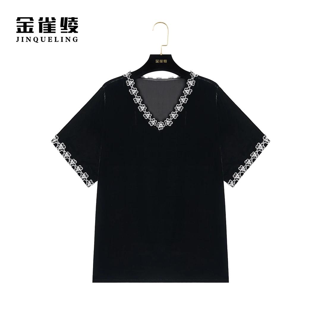 金雀绫【茜茜公主】100桑蚕丝丝绒轻奢时尚蕾丝气质小衫AS6265