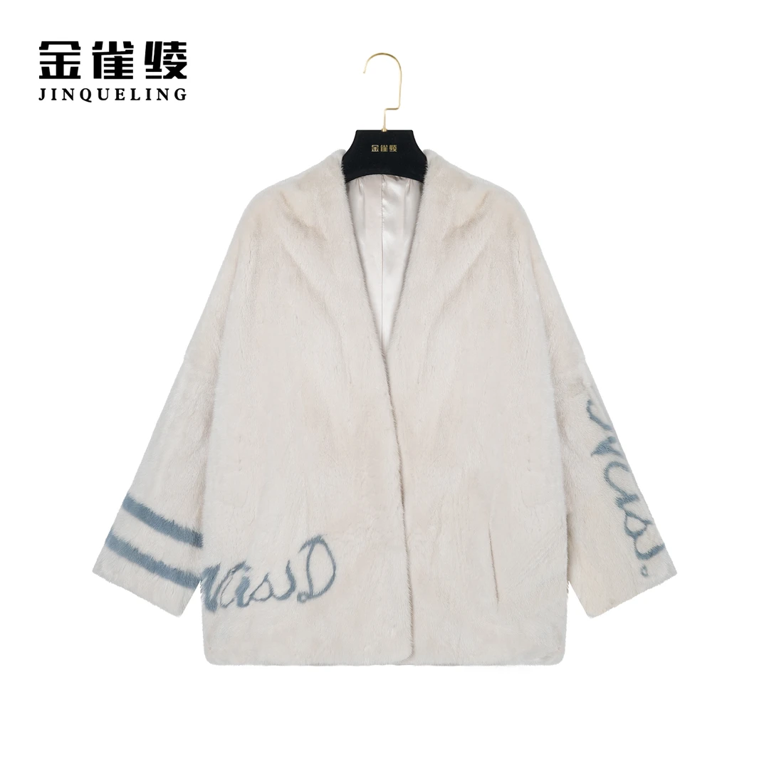金雀绫【】冬季新款设计师V领水貂皮草短款外套K0199