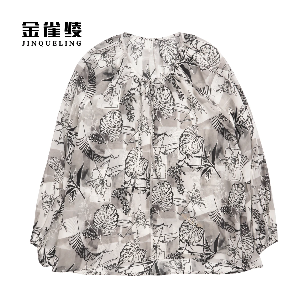 金雀绫【暗香疏影】真丝桑蚕丝春款复古印花长袖衬衫B23165