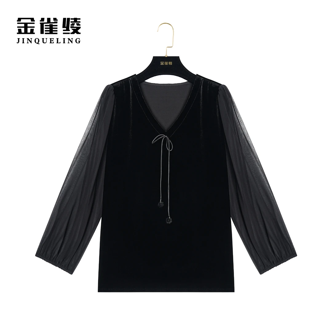 金雀绫【云墨衫】桑蚕丝丝绒秋款长袖拼接显瘦小衫AS6279