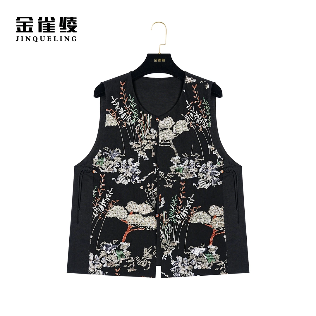 金雀绫【林深时见鹿】新中式国风印花百搭女士马夹AT6252