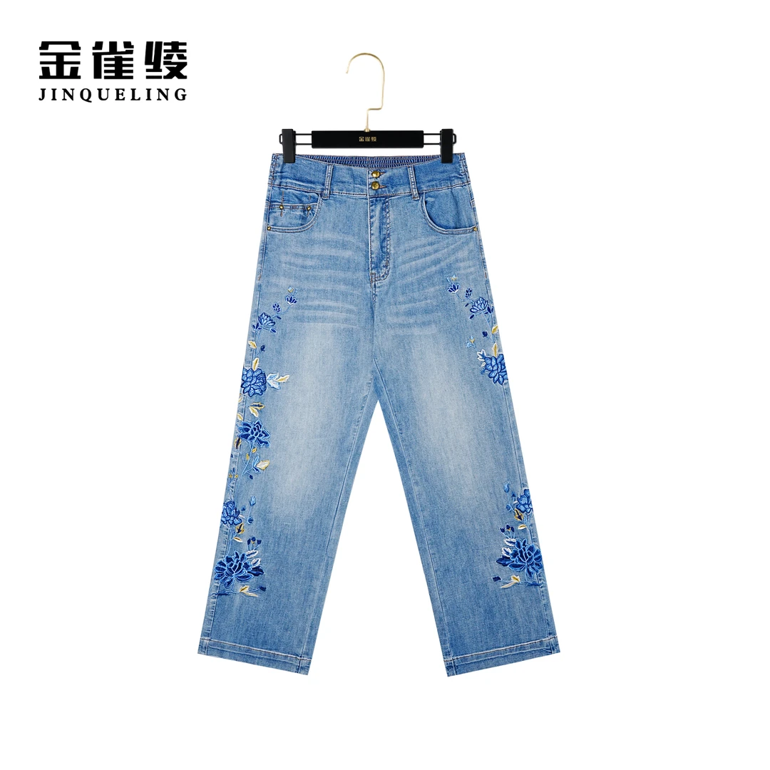 金雀绫【蓝莲花】夏季时尚休闲重工刺绣直筒牛仔裤K0283