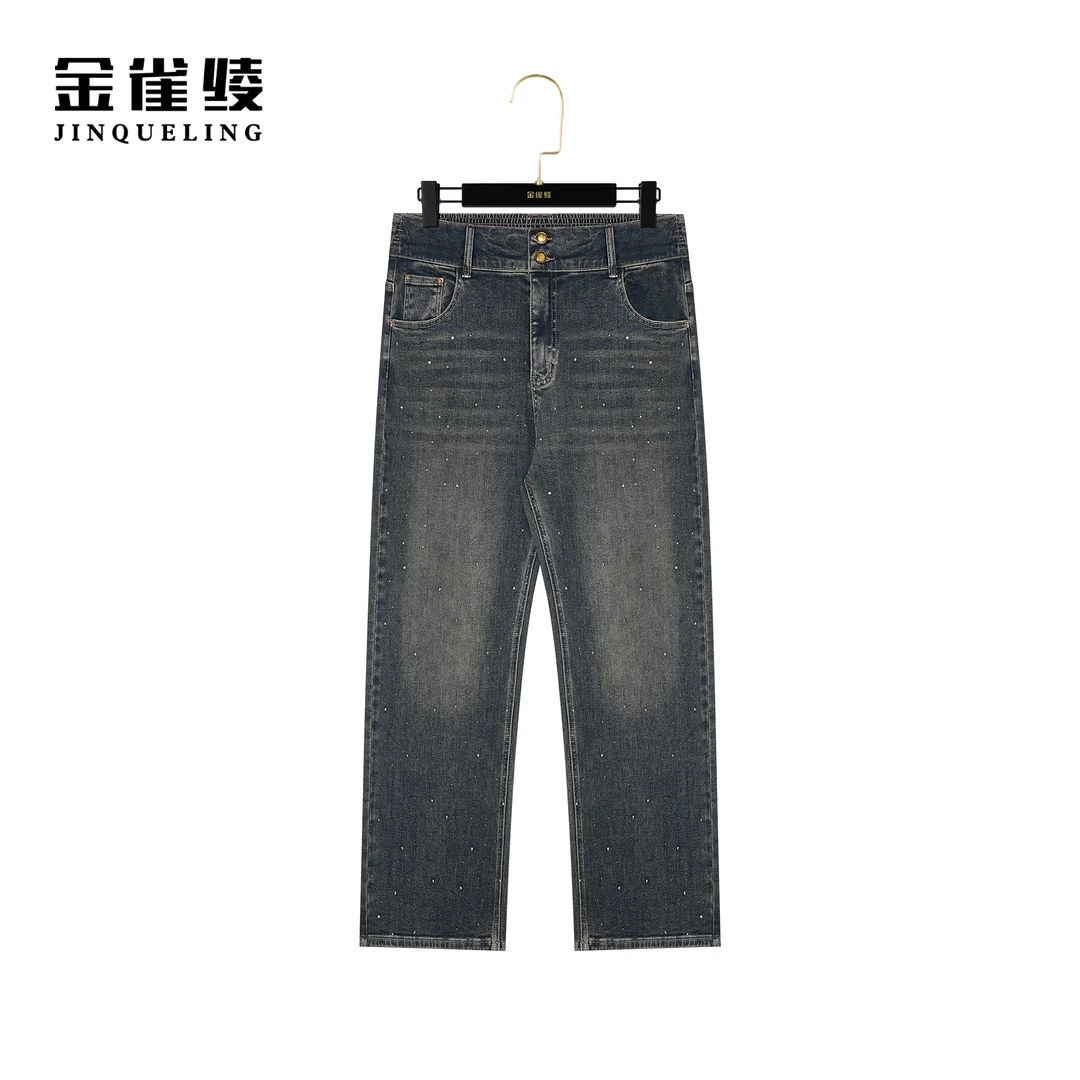 金雀绫【星光天地】秋冬时尚烫钻宽松直筒长款牛仔裤KLK48