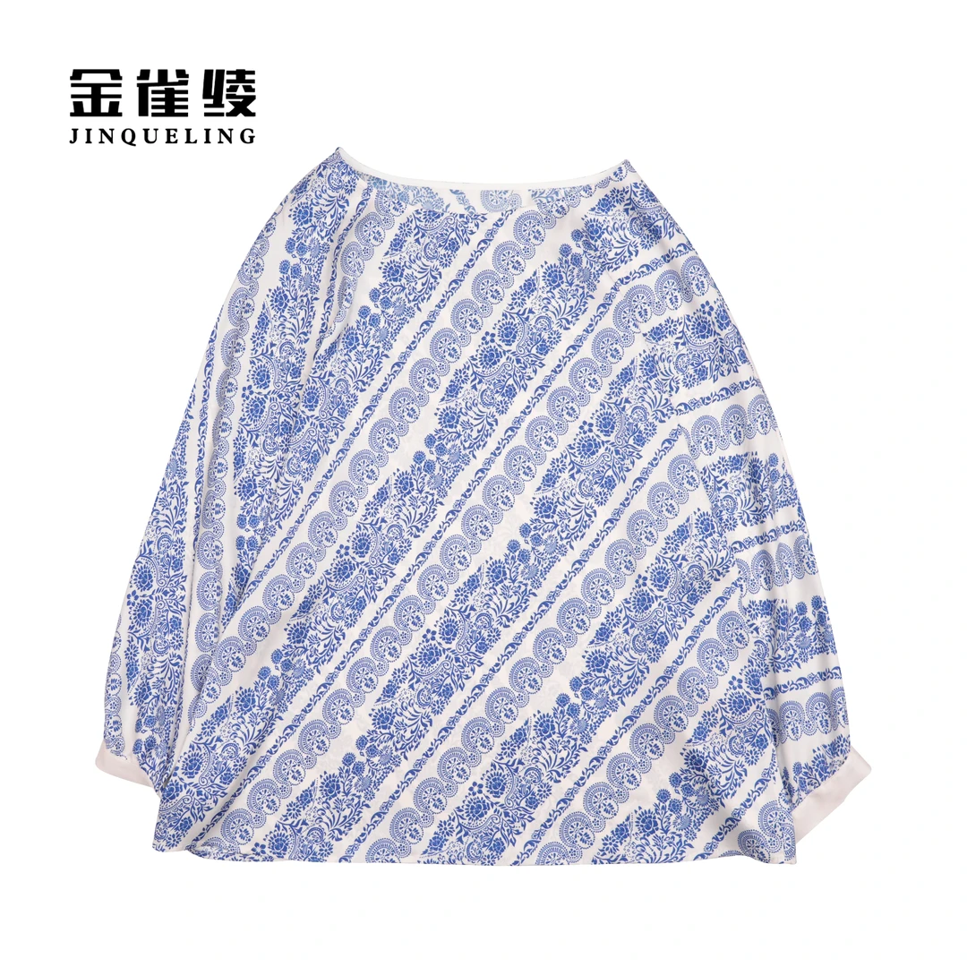 金雀绫【青花仙子】真丝桑蚕丝年春款宽松印花圆领长袖衬衫B23146