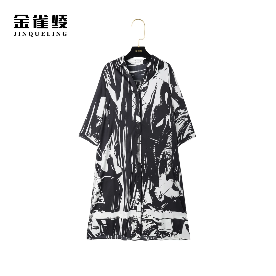 金雀绫【黑白信鸽】桑蚕丝翻领气质轻奢时尚潮流女装连衣裙AL6015