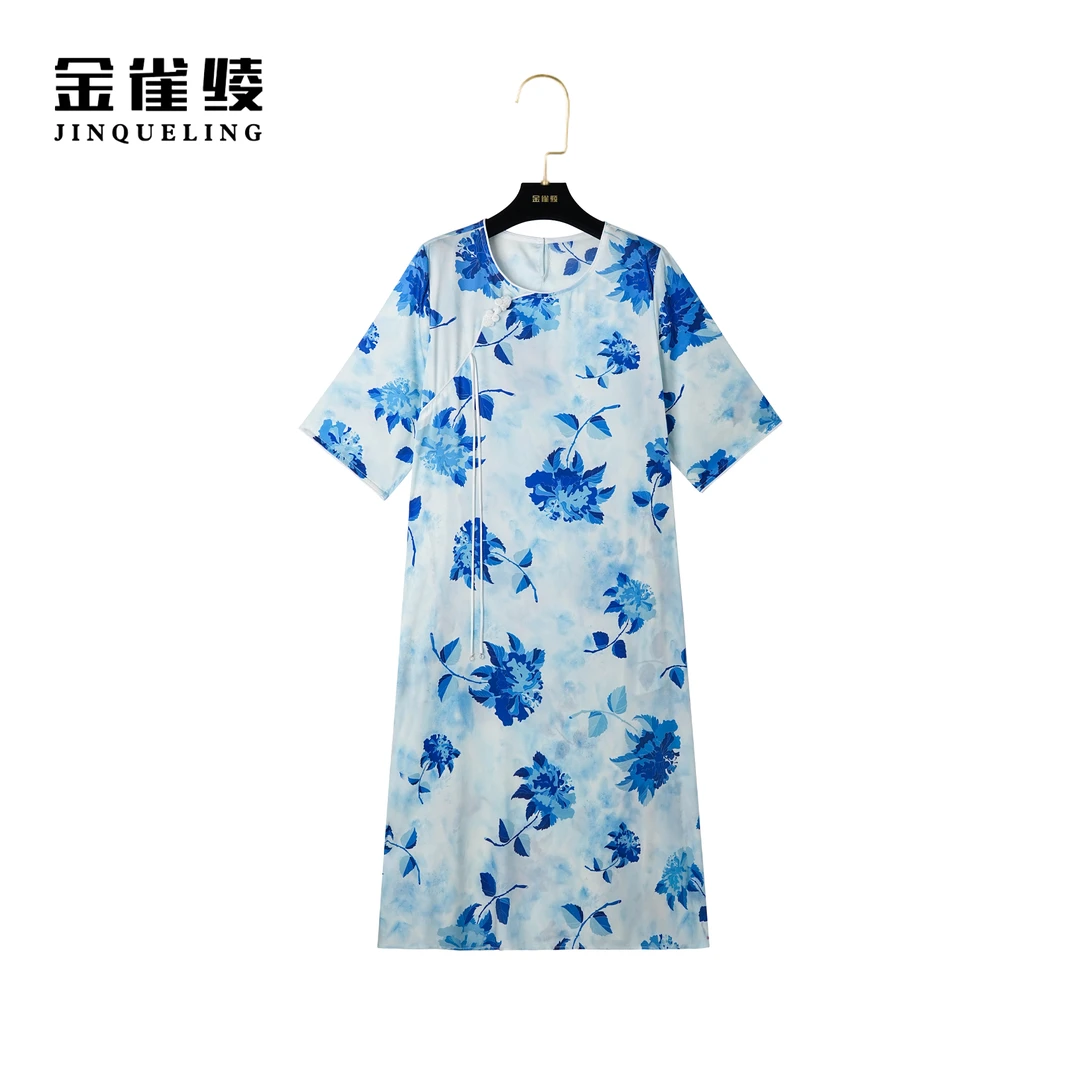 金雀绫【水墨青花】桑蚕丝气质夏季印花女装连衣裙AL6102
