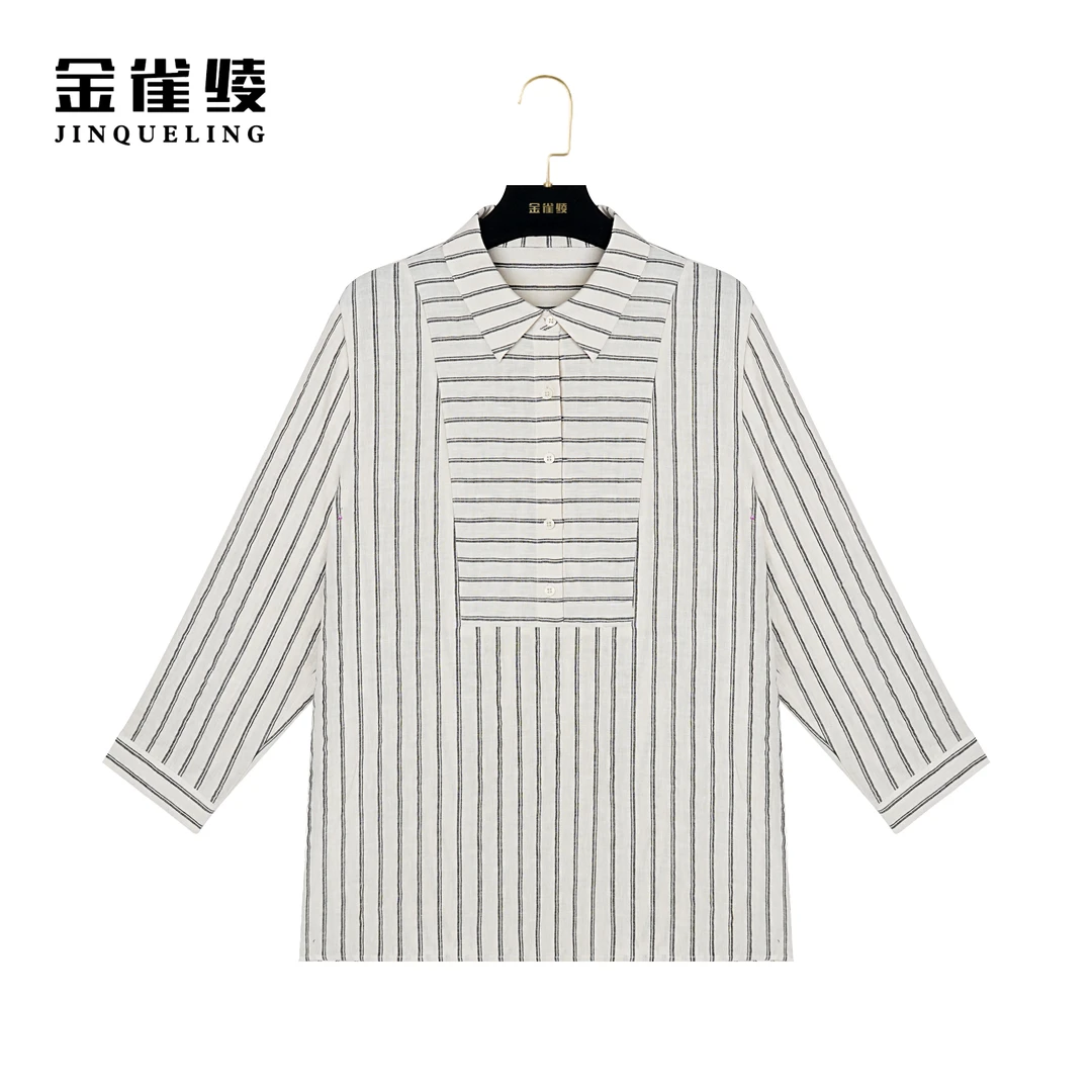 金雀绫【条纹控】100亚麻时尚休闲设计师款小衫AS6268