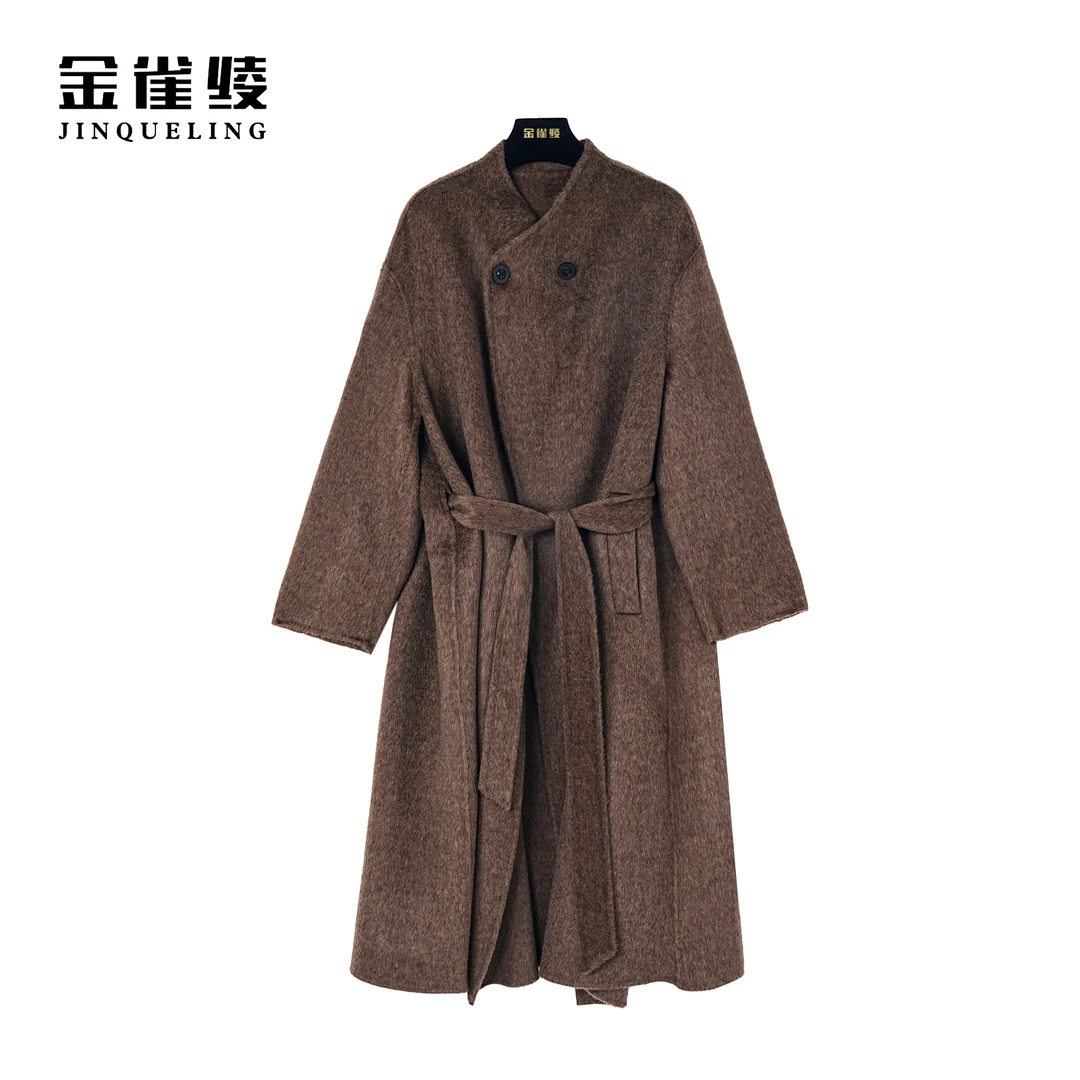 金雀绫【雪域之宝】秋冬气质女士法式小V领长款毛呢大衣SZK4MYQD44