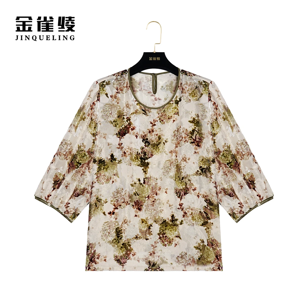 金雀绫【枫林晚】桑蚕丝宽松圆领时尚休闲丝绒小衫AS6261