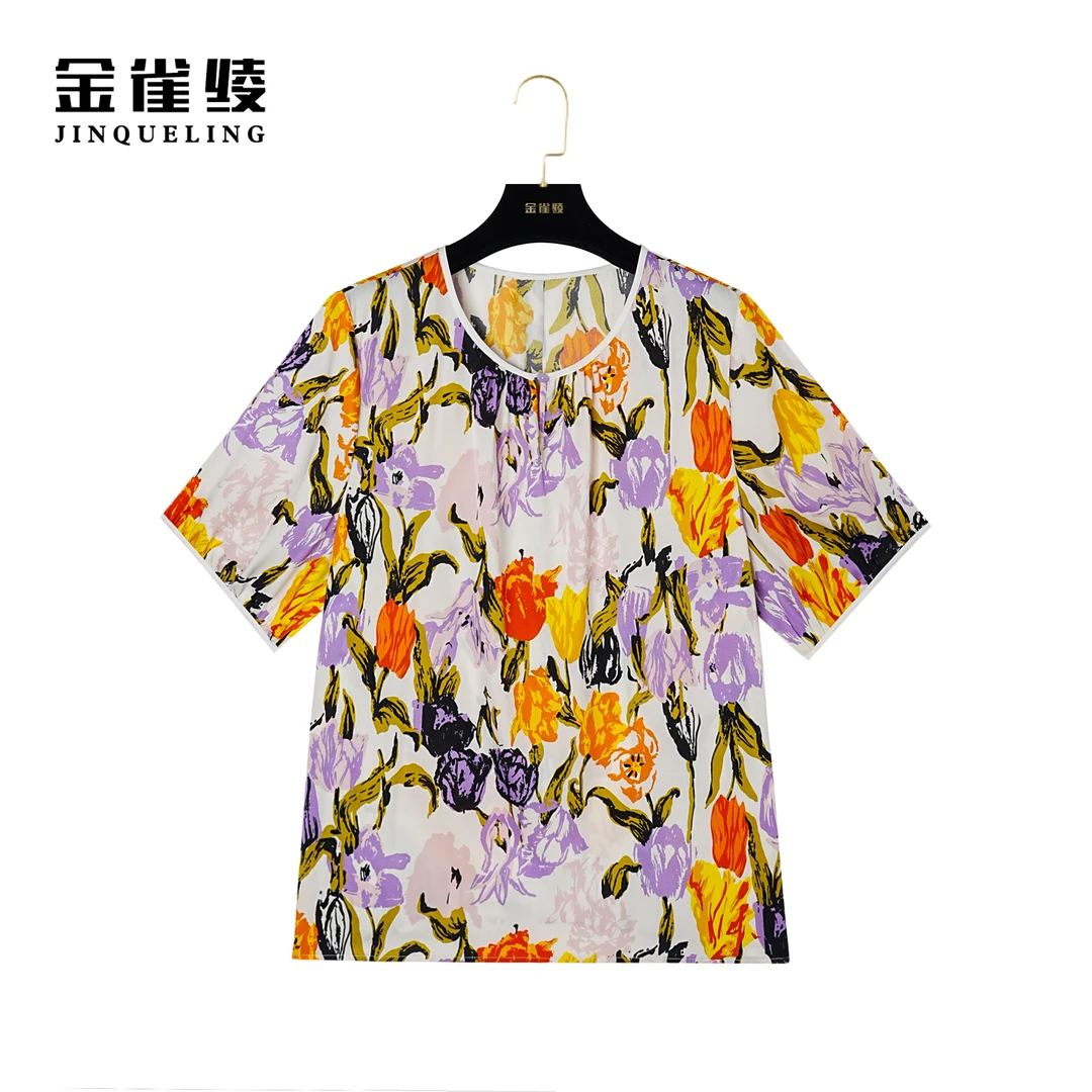 金雀绫【姹紫嫣红】桑蚕丝百搭圆领时尚宽松印花小衫AS6166
