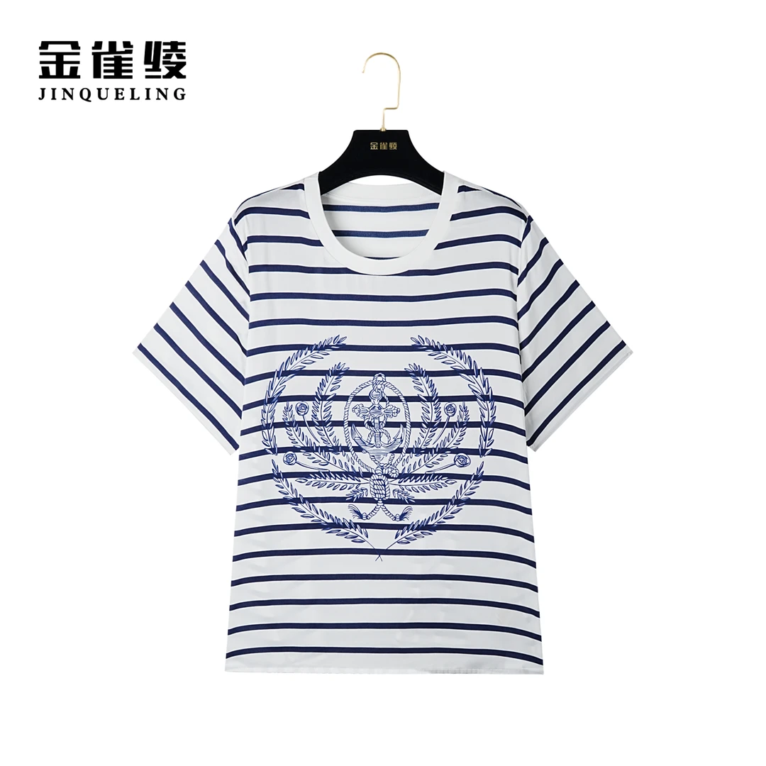 金雀绫【小船长】桑蚕丝时尚条纹圆领宽松小衫AS6116