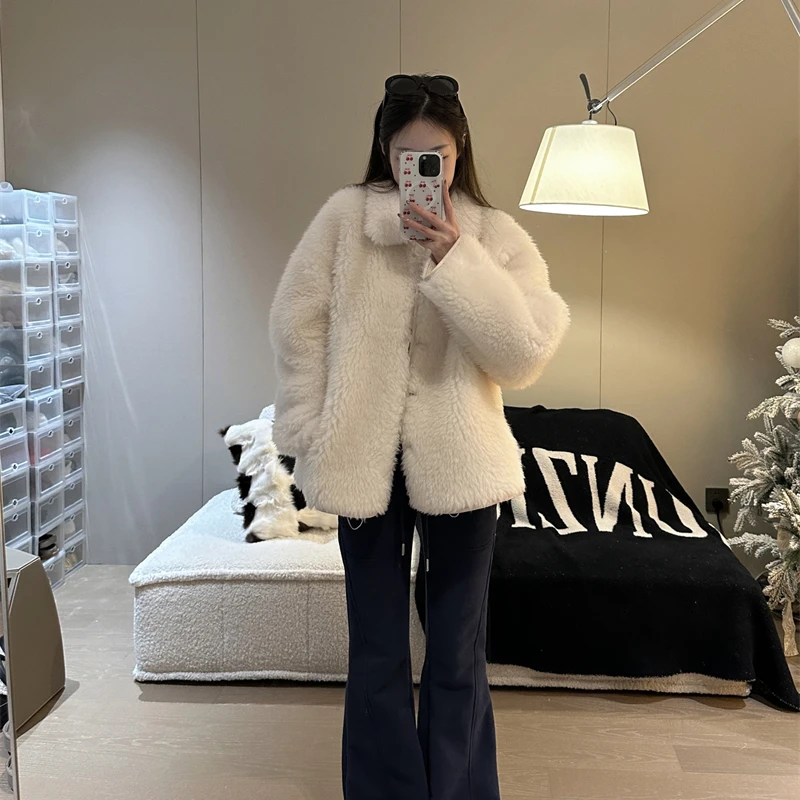 【OPENING自制】翻领quan羊毛纯色休闲皮草加厚外套