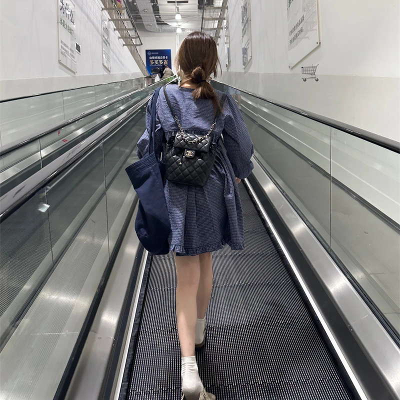 【OPENING自制】初秋圆领格纹系带宽松长袖连衣裙