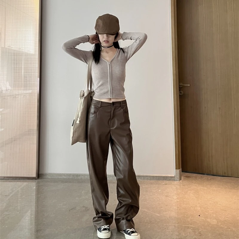 【OPENING自制】ju百搭~两色高腰显瘦直筒休闲皮裤长裤