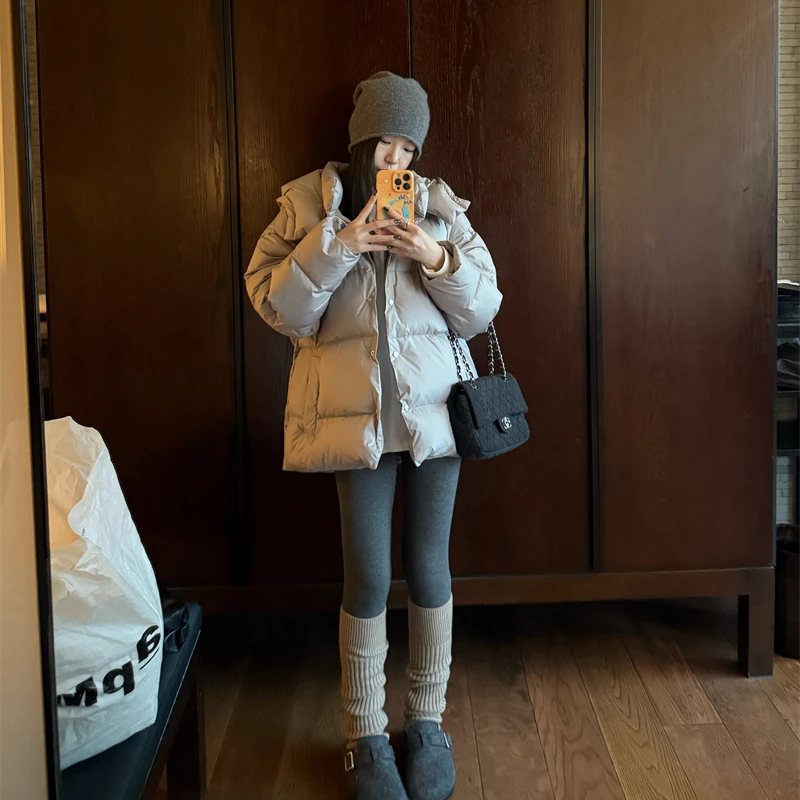 【OPENING自制】冬季纯色连帽中长款保暖长袖羽绒服外套