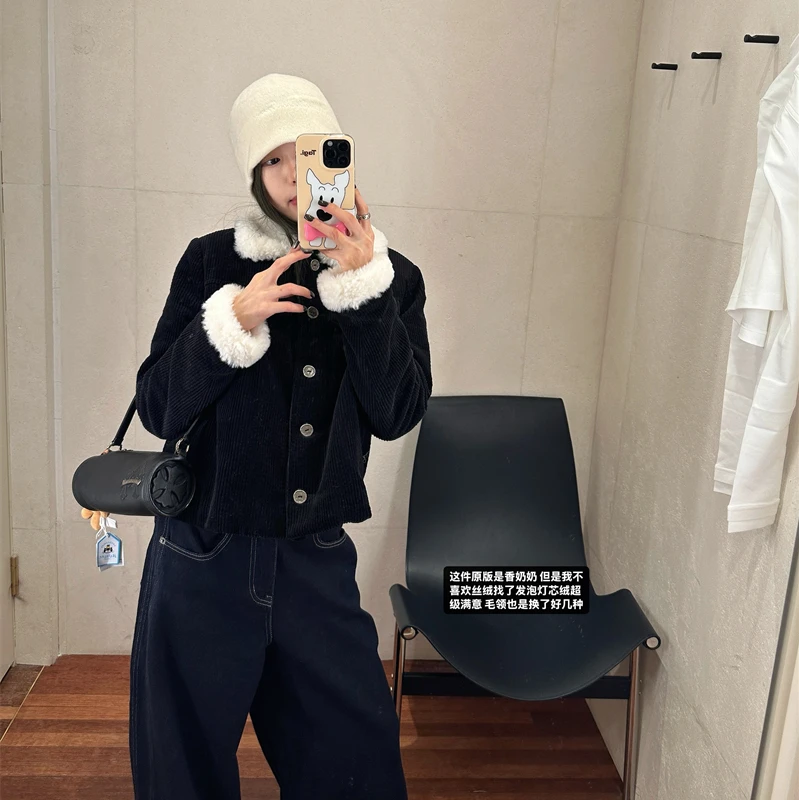 【OPENING自制】毛毛翻领灯芯绒夹棉保暖宽松休闲长袖棉服外套