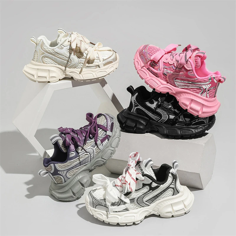 2023年秋新款老爹鞋男童女童网面拼接透气厚底系带运动鞋KKB-852