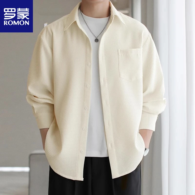 Romon/罗蒙春季长袖衬衫男士潮流衬衣外套华夫格工装上衣春秋款