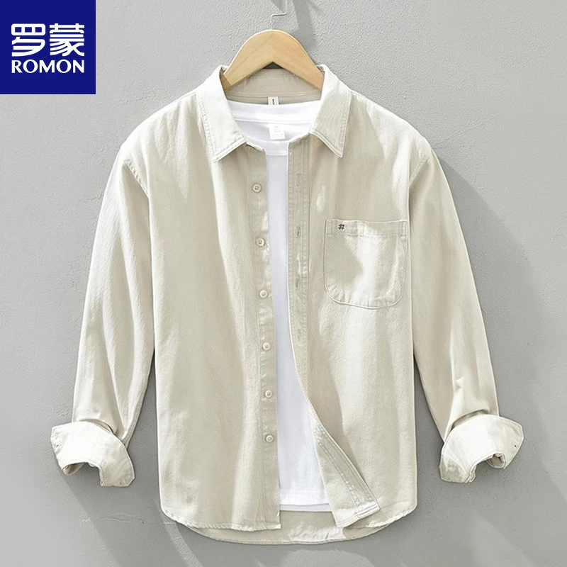 Romon/罗蒙日系复古长袖衬衫男士休闲衬衣外套纯棉简约百搭上衣