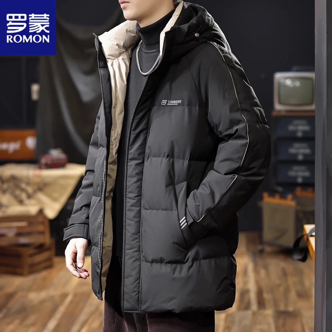 罗蒙冬季鹅绒中长款羽绒服男新款潮牌宽松加厚保暖男士连帽外套潮