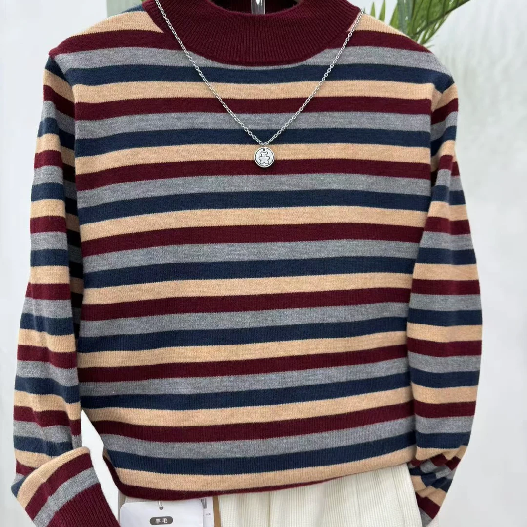 【经典彩条】秋冬款半高领减龄彩条针织衫女上衣