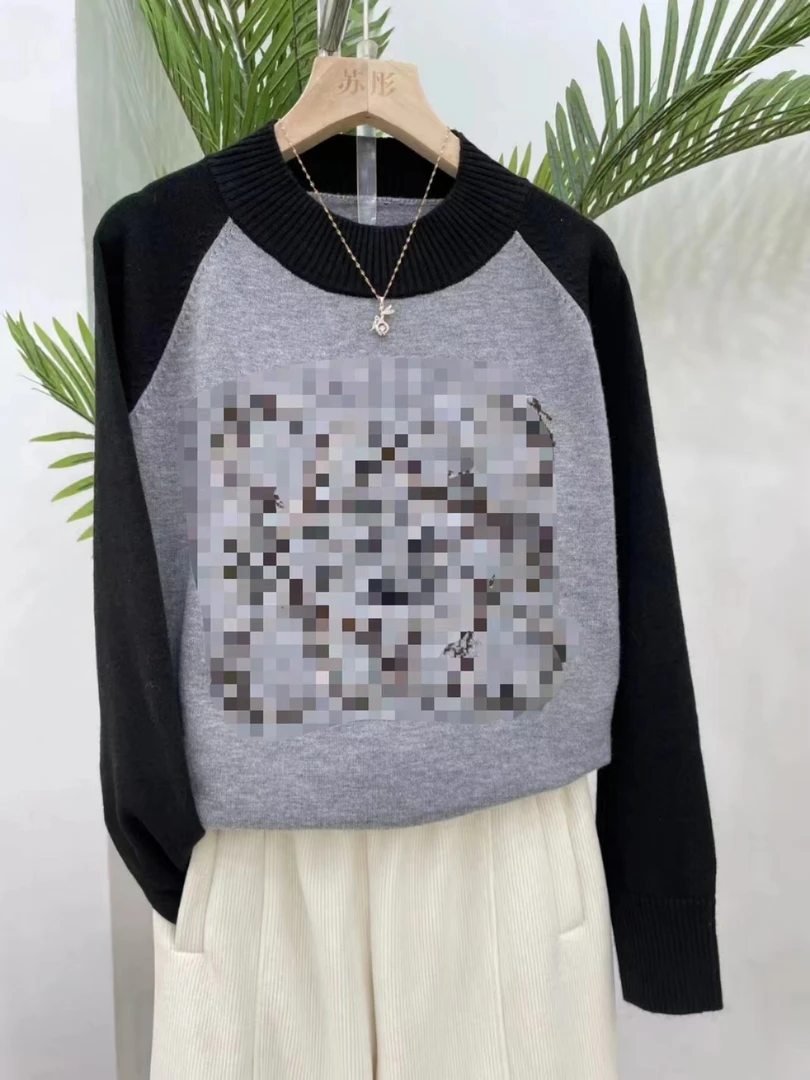 【暖灰】秋冬款时尚省心穿搭黑灰撞色套头针织衫女上衣