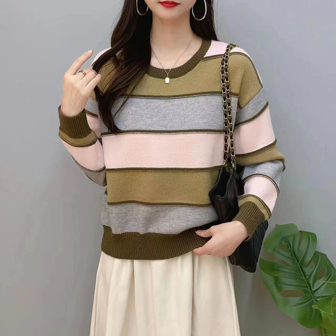 【七彩条纹】秋冬款时尚百搭拼接款彩色条纹针织衫女