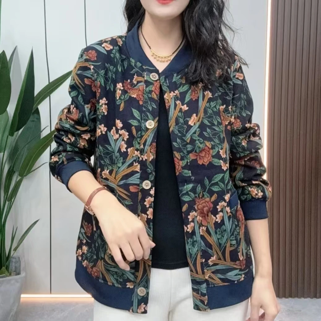 妈妈外套新款时尚加绒棒球中老年宽松保暖百搭开衫碎花夹克上衣