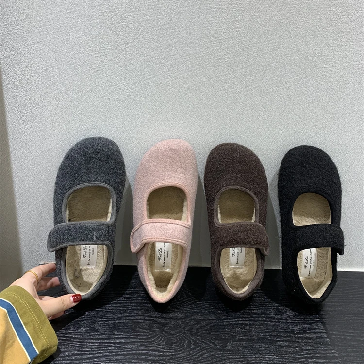 韩版平底加绒玛丽珍毛毛鞋保暖棉鞋女鞋软底秋冬法式鞋配裙子单