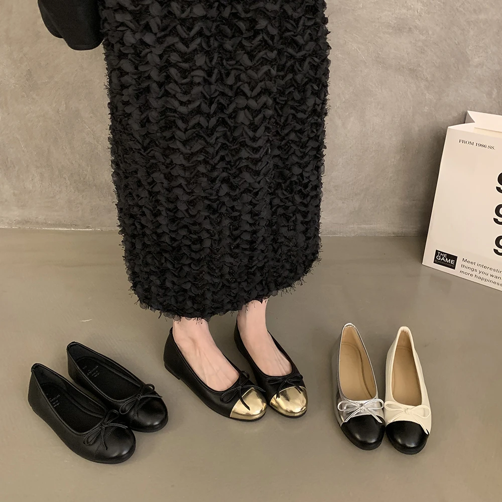 小香风韩版浅口单鞋银色平底鞋子夏季软底女鞋法式温柔蝴蝶结瓢鞋