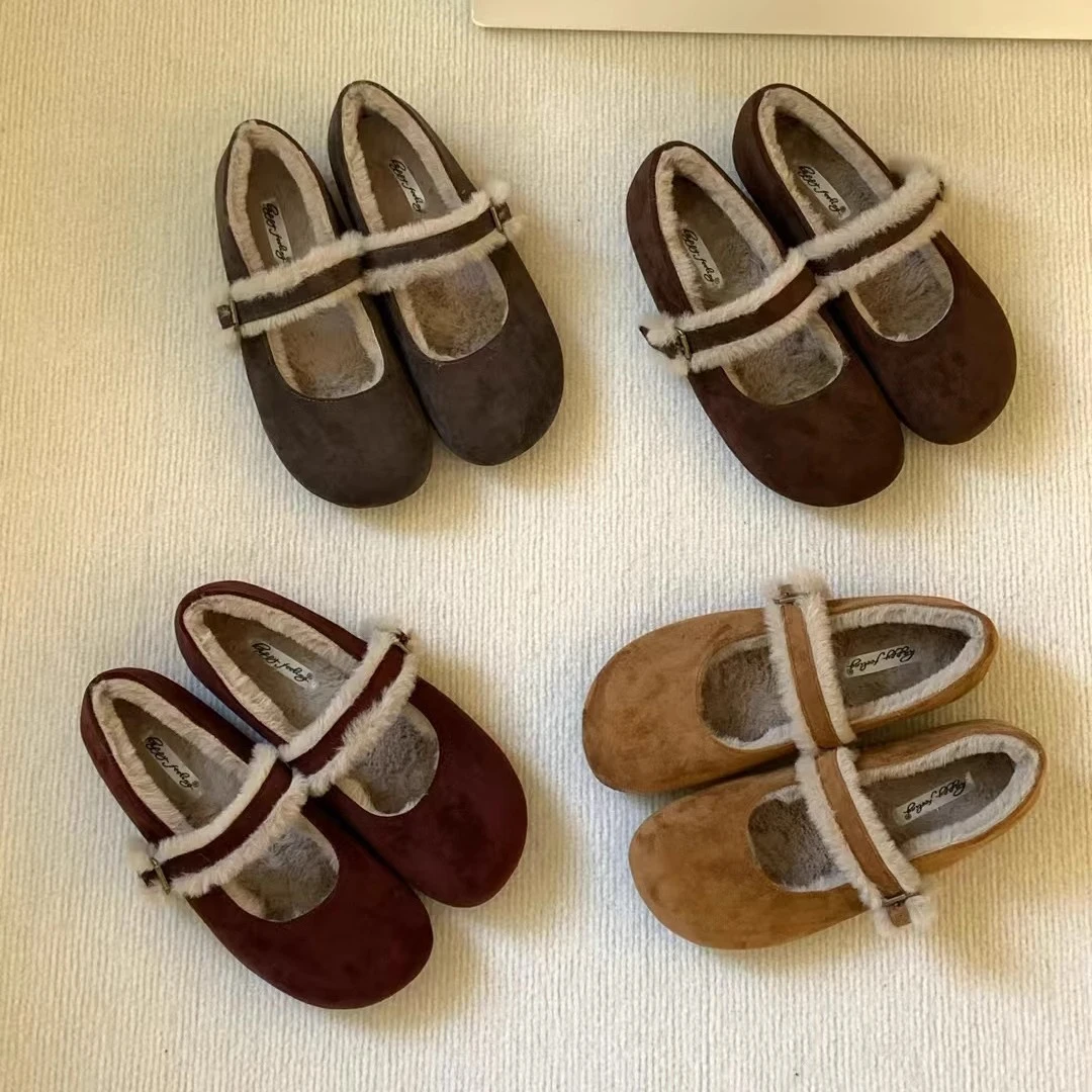 森系复古平底一字带玛丽珍毛毛鞋女鞋子秋冬保暖加绒棉鞋软底单