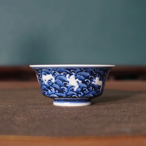 【锦玉清韵 王琳窑】堆雕金蝉马蹄杯手工手绘海水纹主人杯 70ml