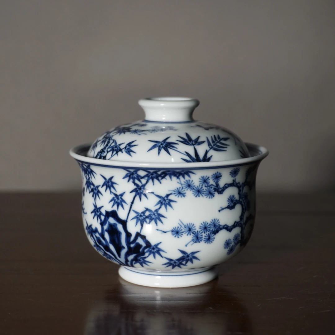 艺天柴窑 手工手绘松竹梅岁寒三友小布袋盖碗 120ml