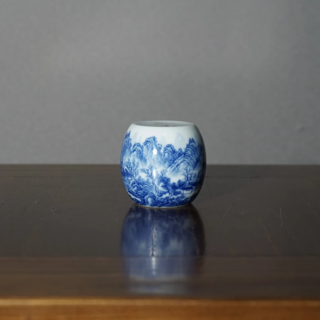 秋山草堂 青花山水实心墩墩盖置手工手绘文人风