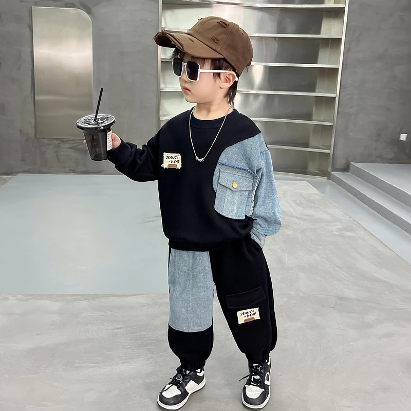 男童套装儿童春秋洋气男宝宝牛仔拼接卫衣2024新款两件套潮酷痞帅