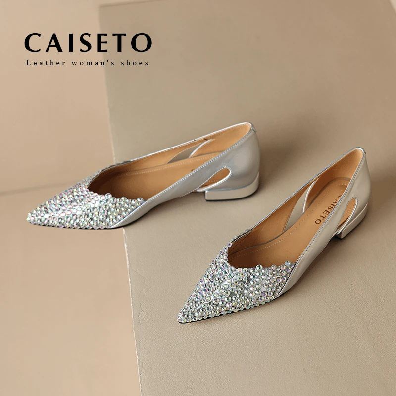 牛皮2.5cm春季新款镂空尖头平底鞋软底气质百搭浅口水钻单鞋D312