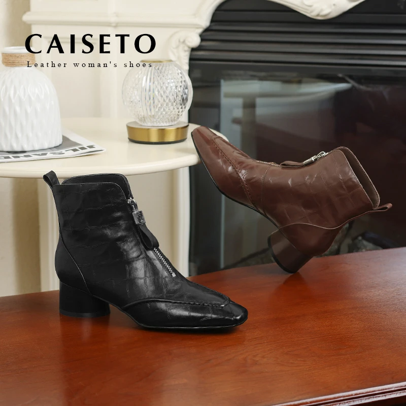 头层牛皮/4.5cm新款上新真皮时尚拉链圆方头百搭气质短靴24X090