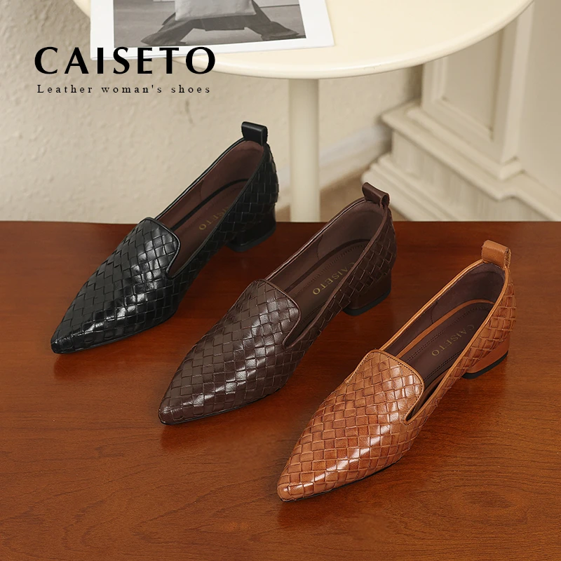 牛皮/3cm 2025新款深口包头编织低跟时尚百搭复古女平底鞋D716