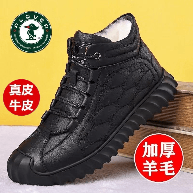 啄|木|鸟男真皮羊毛棉皮鞋加绒加厚保暖软底爸爸鞋休闲高帮雪地靴