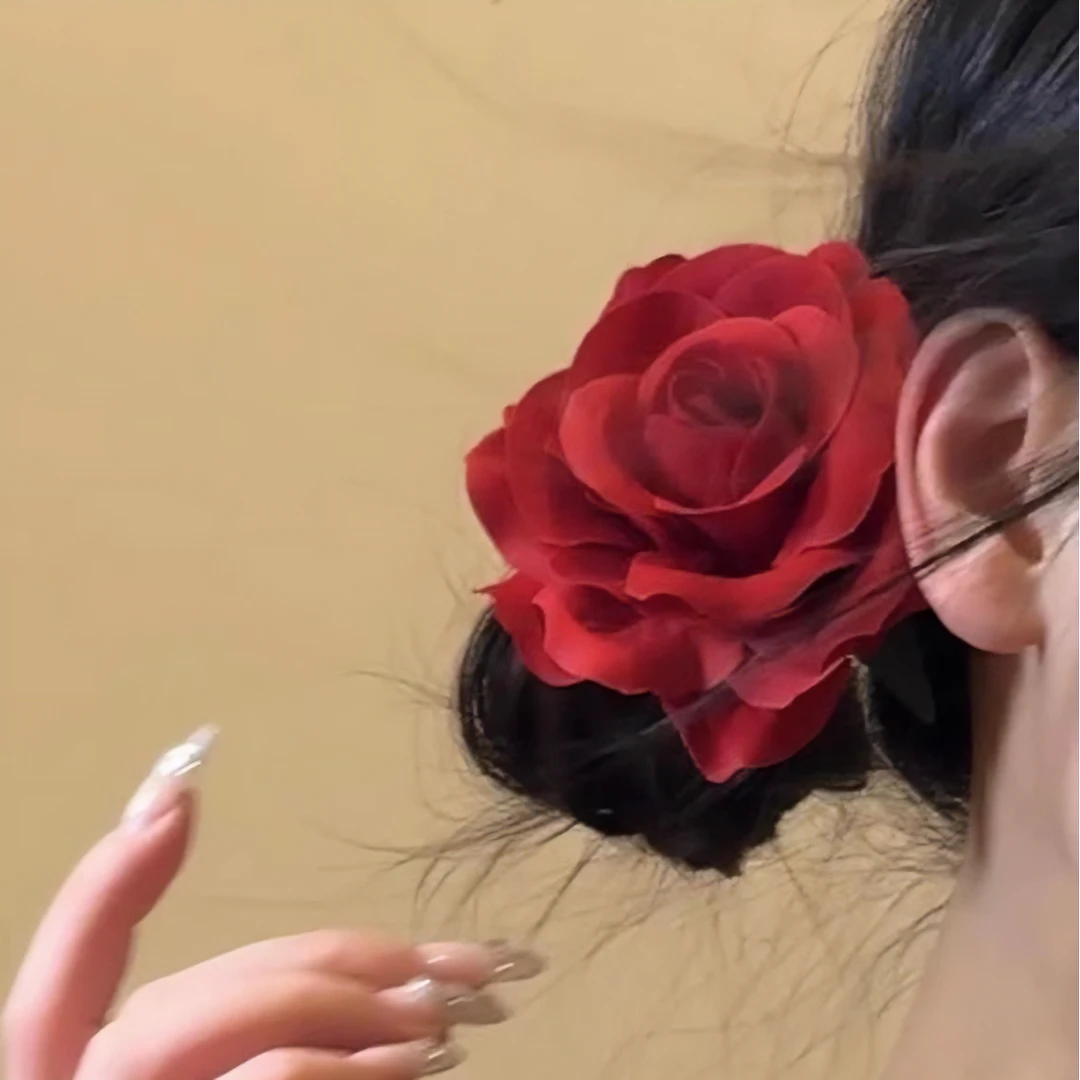 惊艳红玫瑰花朵发夹裴珠泫同款明星头饰头花拍照发饰发卡侧边夹女